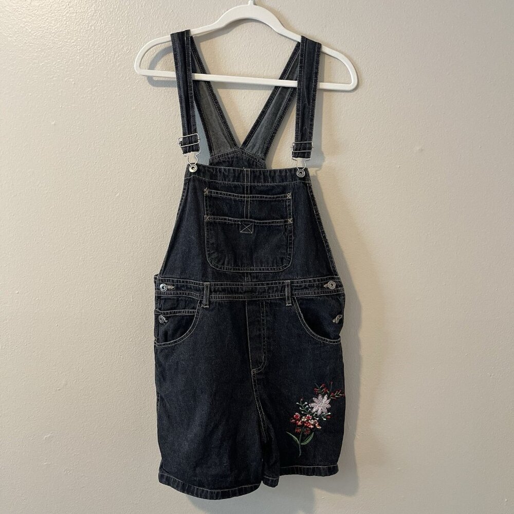 Vtg Denim Overall Shorts Black Grey‎ Embroidered Y2K Kid Core Grunge Goth 90s